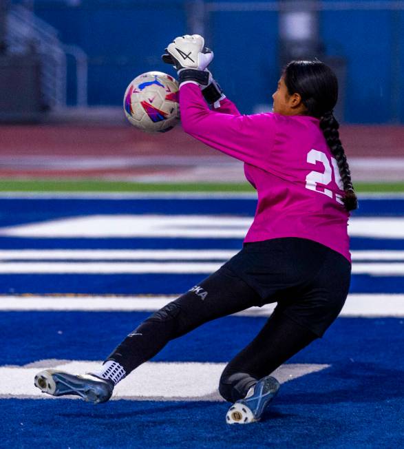 Canyon Springs goalkeeper Jamie Hernandez (25) makes another great save against Centennial duri ...