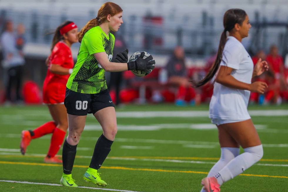 Coronado goalkeeper Emma Duda (00) kicks the ball during a Class 5A girls soccer quarterfinals ...