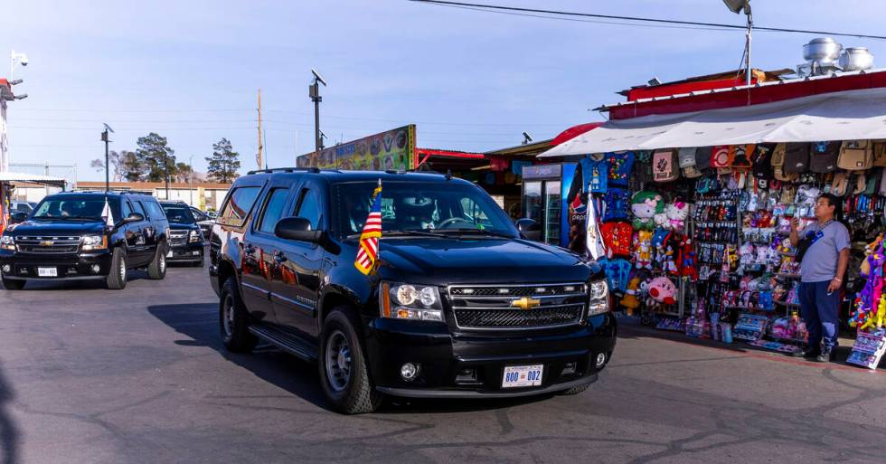 The motorcade for Vice President Kamala Harris makes a stop to chat with people at Broadacres M ...