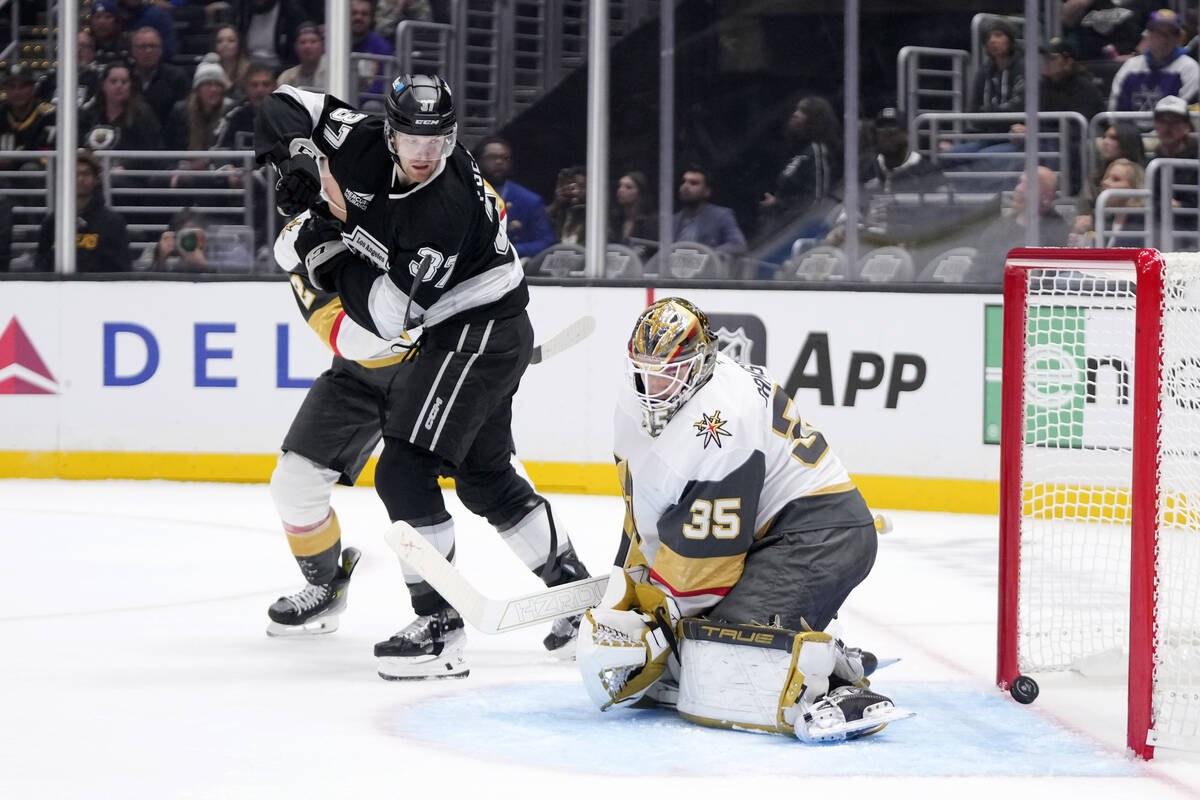 Vegas Golden Knights goaltender Ilya Samsonov, right, is scored on by Los Angeles Kings right w ...