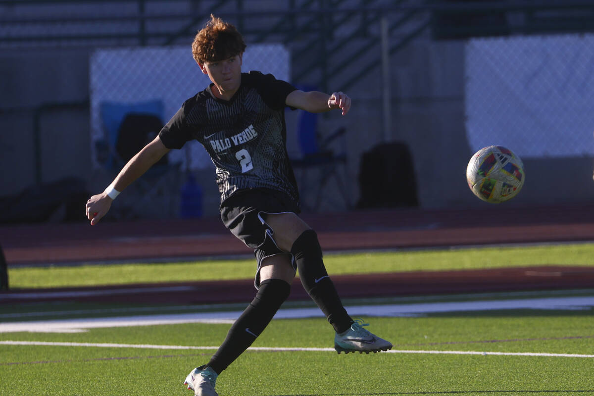 Palo Verde defender Jaxon Law kicks the ball while playing against Eldorado during a Class 5A S ...