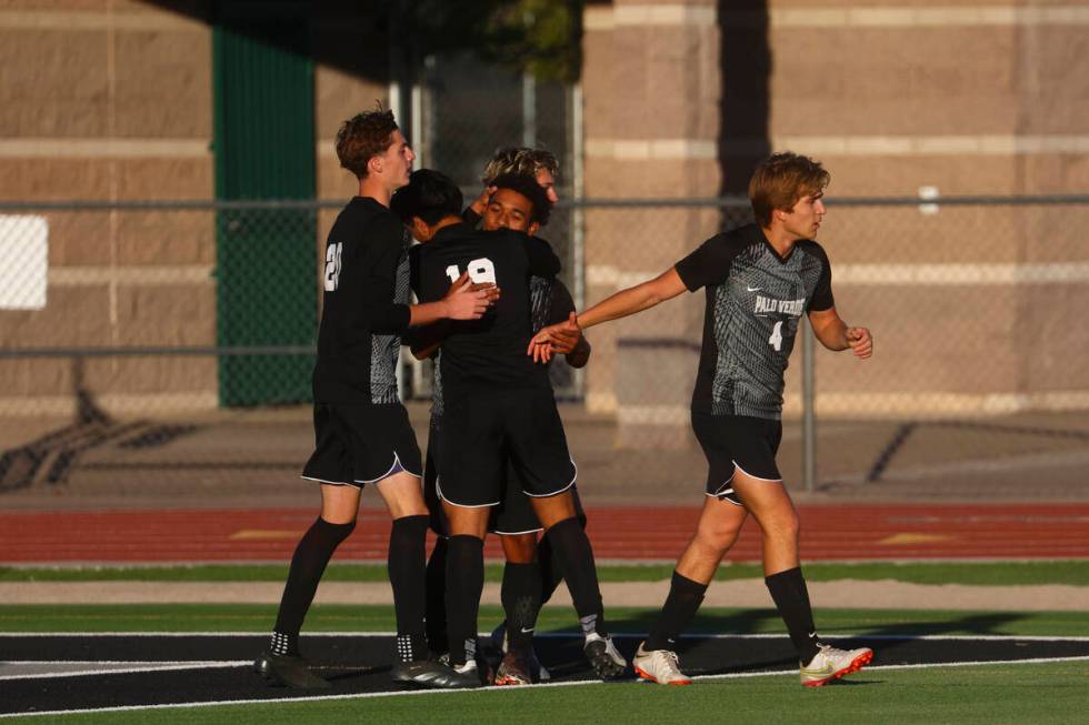 Palo Verde players celebrate their goal against Eldorado during a Class 5A Southern League semi ...