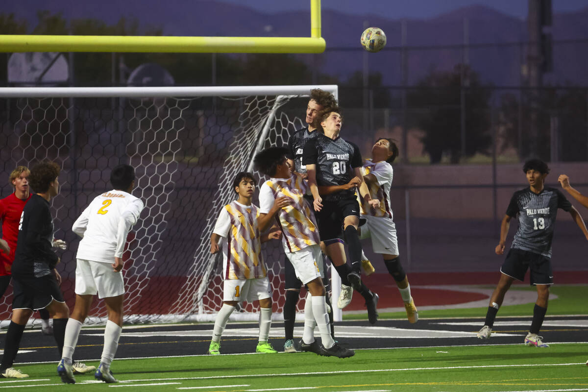 Palo Verde midfielder Crew Simon (20) heads the ball against Eldorado during a Class 5A Souther ...