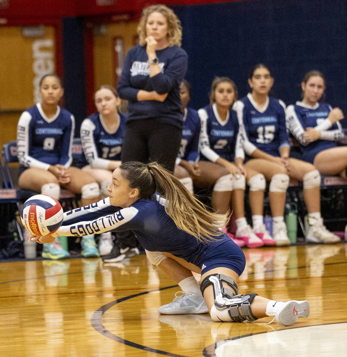 Centennial senior Brooke Cummings (4) receives the ball during the 5A girls volleyball Southern ...