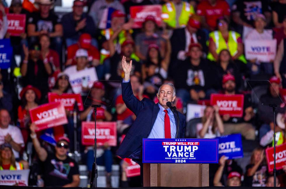 Nevada Governor Joe Lombardo speaks to the crowd before former President Donald Trump arrives d ...