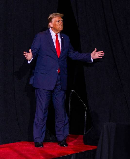 Former President Donald Trump arrives to speak during a rally at the Lee's Family Forum on Thur ...