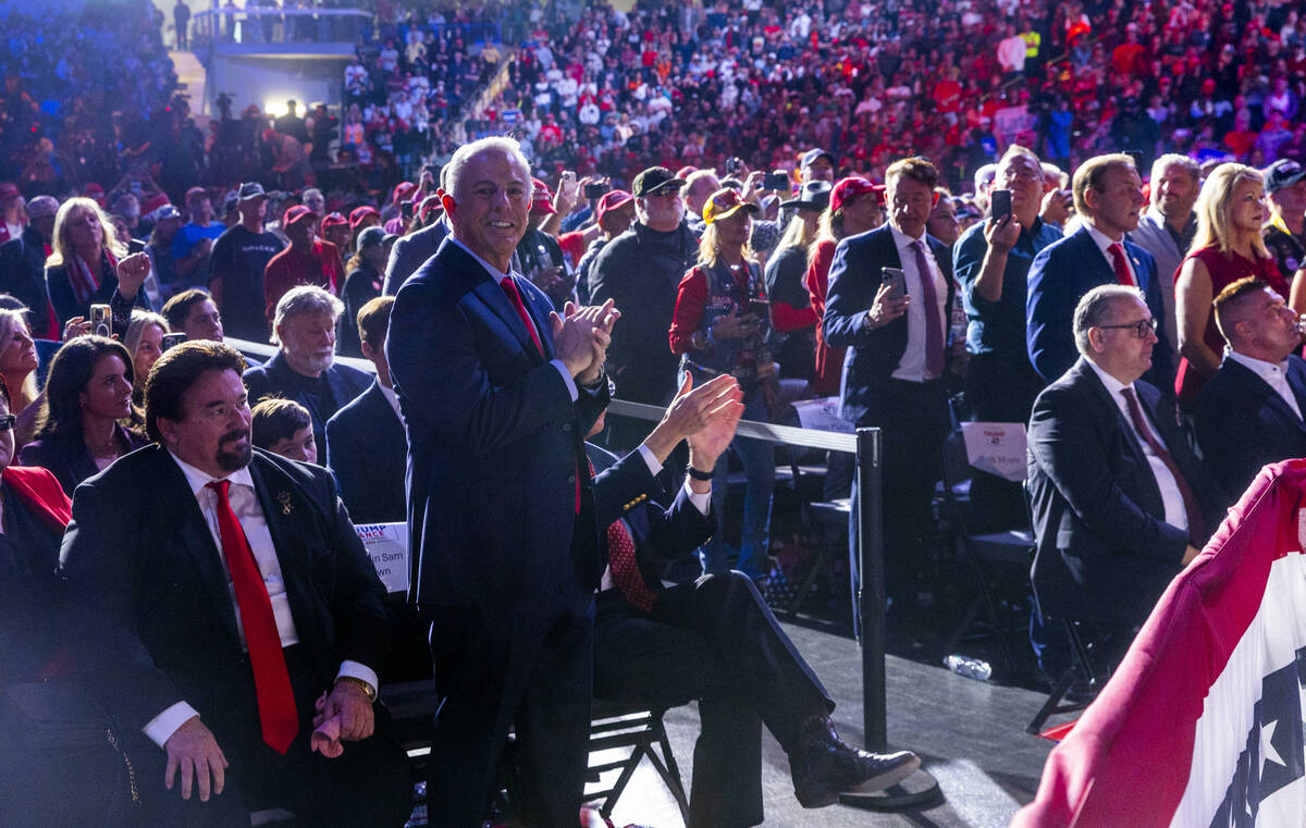 Nevada Governor Joe Lombard is praised by former President Donald Trump as he speaks during a r ...