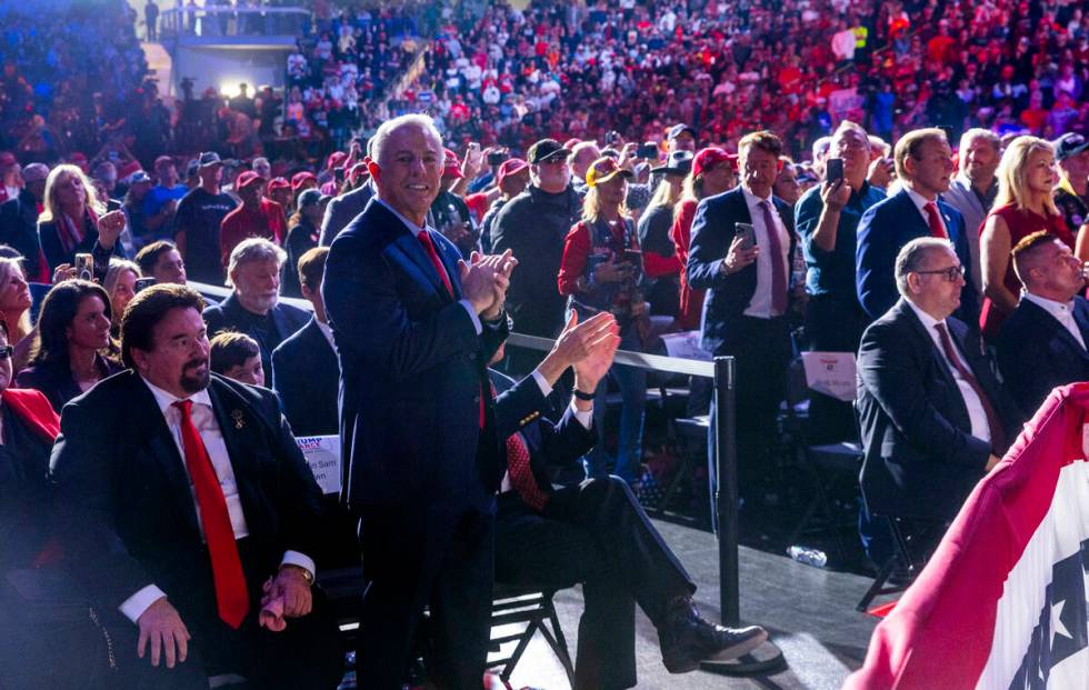 Nevada Governor Joe Lombard is praised by former President Donald Trump as he speaks during a r ...