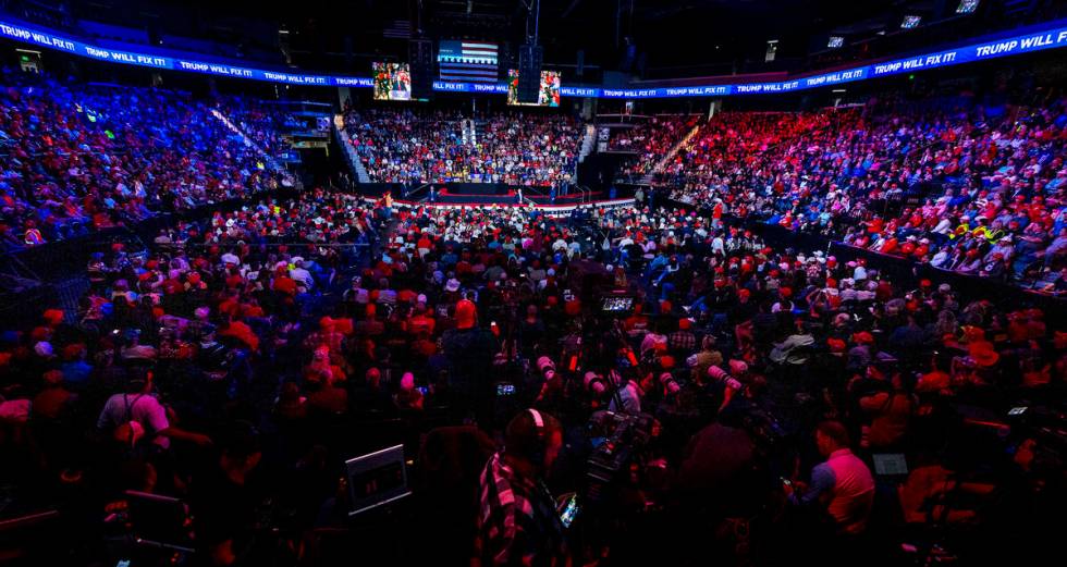 Former President Donald Trump speaks during a rally at the Lee's Family Forum on Thursday, Oct. ...