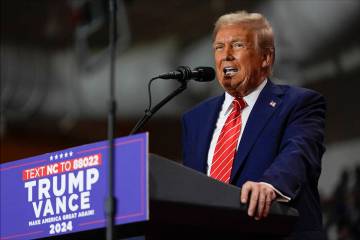 Republican presidential nominee former President Donald Trump speaks during a campaign rally at ...