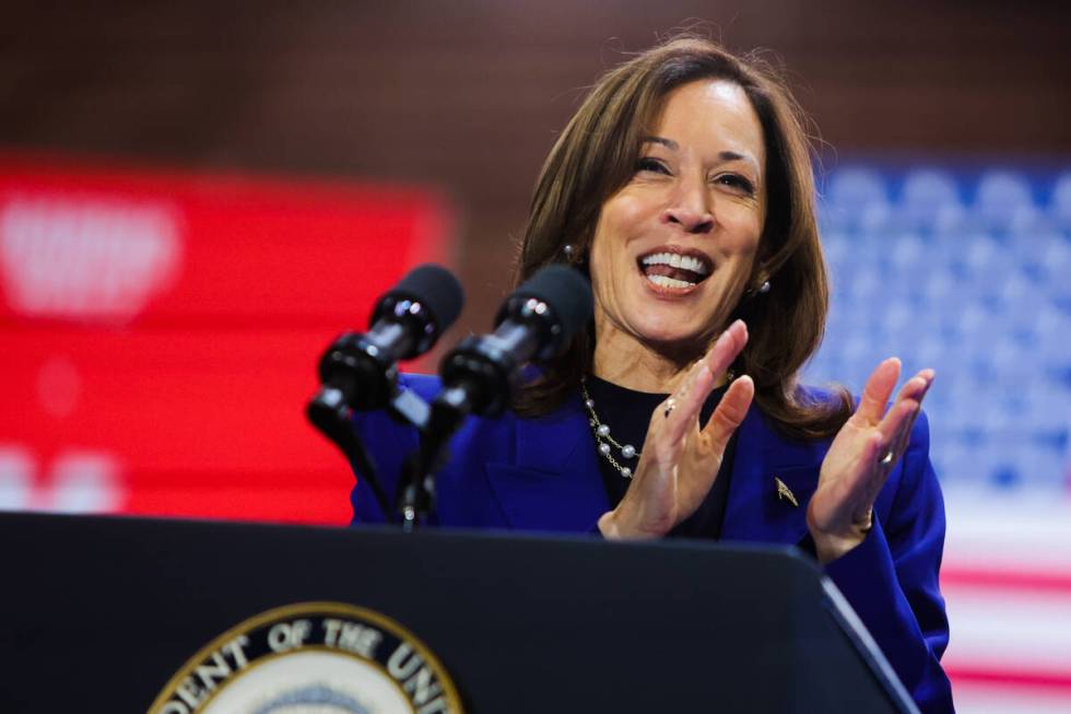 Democratic presidential nominee Vice President Kamala Harris speaks during a campaign rally at ...