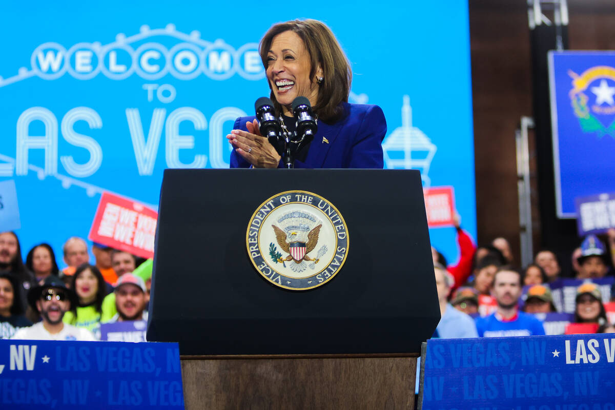 Democratic presidential nominee Vice President Kamala Harris speaks during a campaign rally at ...