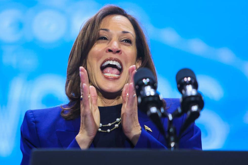 Democratic presidential nominee Vice President Kamala Harris speaks during a campaign rally at ...