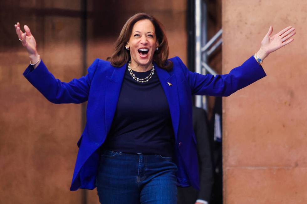 Democratic presidential nominee Vice President Kamala Harris speaks during a campaign rally at ...