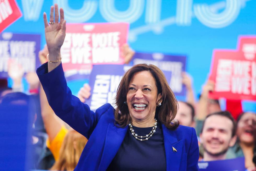 Democratic presidential nominee Vice President Kamala Harris speaks during a campaign rally at ...