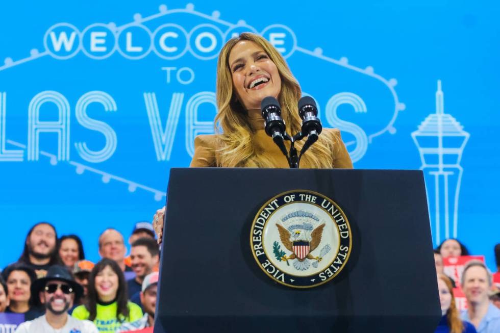 Jennifer Lopez speaks during a campaign rally for Democratic presidential nominee Vice Presiden ...