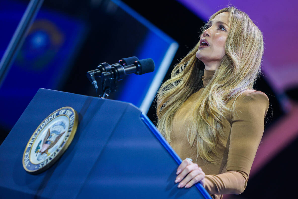 Jennifer Lopez speaks during a campaign rally for Democratic presidential nominee Vice Presiden ...