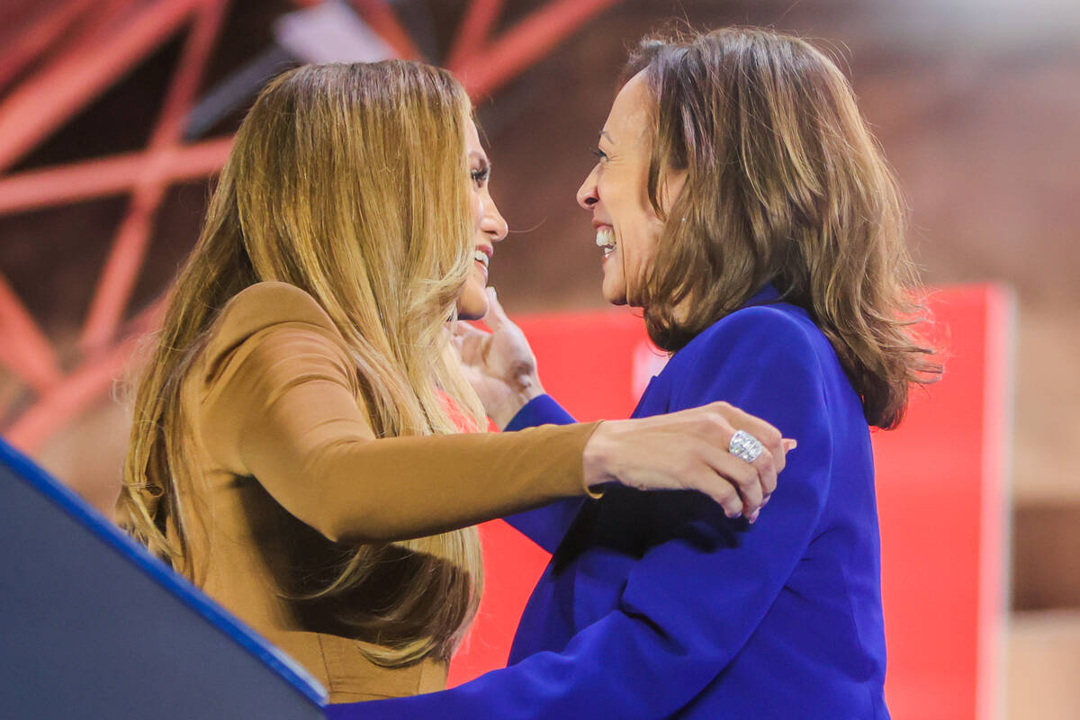 Jennifer Lopez, left, hugs Democratic presidential nominee Vice President Kamala Harris during ...