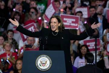 Democratic presidential nominee Vice President Kamala Harris arrives to speak at a campaign eve ...