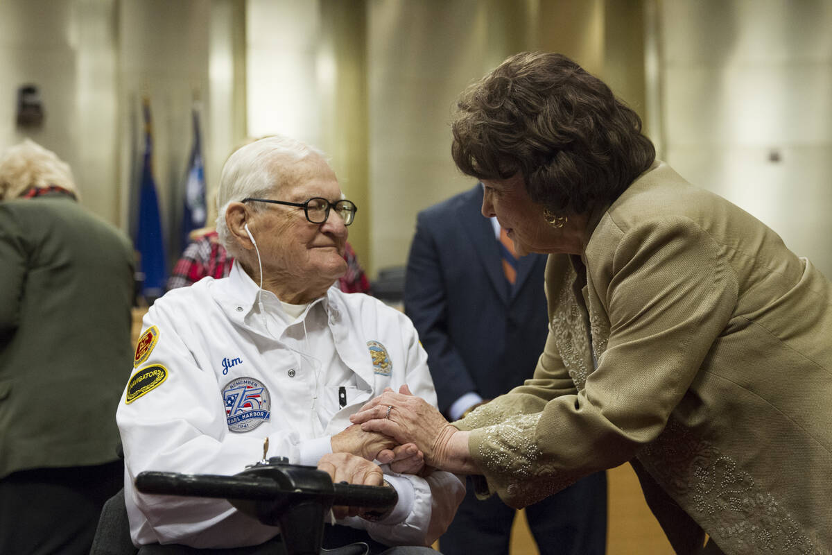 Pearl Harbor survivor, Lt. Jim Downing, left, and Las Vegas City Councilwoman Lois Tarkanian, a ...