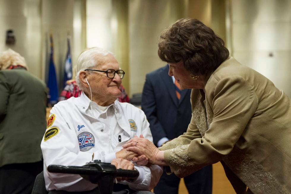 Pearl Harbor survivor, Lt. Jim Downing, left, and Las Vegas City Councilwoman Lois Tarkanian, a ...