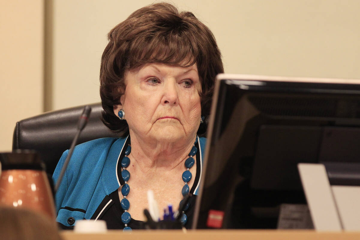 Councilwoman Lois Tarkanian listens to a speaker as a vote approaches on a proposed soccer stad ...