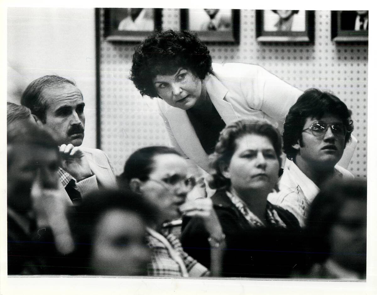 Lois Tarkanian takes her seat after speaking before the school board. (File Photo)