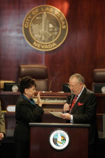 Ward 1 council representative, Lois Tarkanian is sworn in by Las Vegas Mayor Oscar Goodman, Wed ...