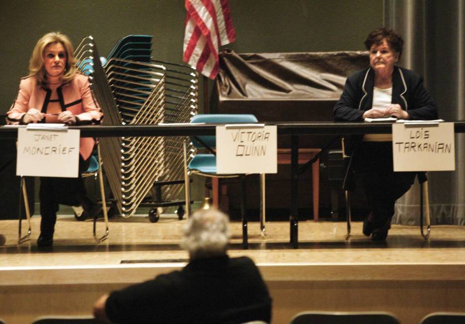 NEWS City of Las Vegas Ward 1 candidates Janet Moncrief (left) and Lois Tarkanian attend a cand ...