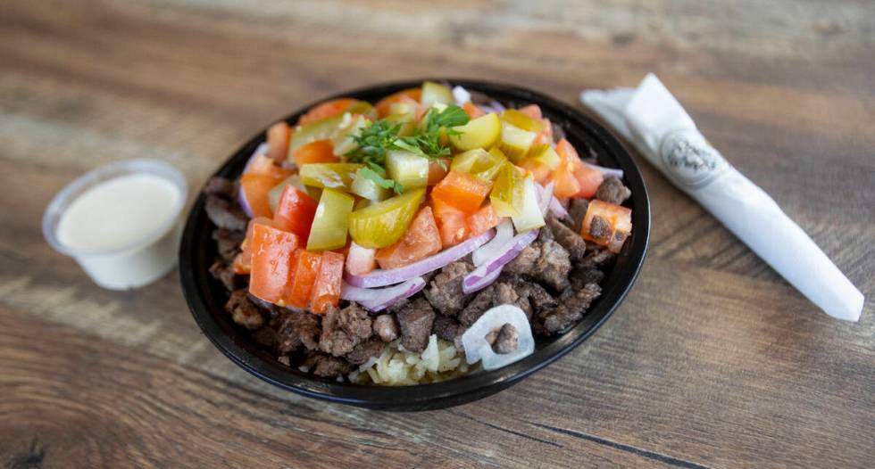 A beef rice bowl at Royal Wraps, Friday, Oct. 11, 2024, in Henderson. (Daniel Jacobi II/Las Veg ...