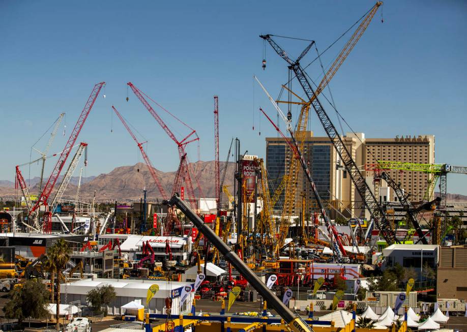 Numerous construction cranes are in place for the upcoming CONEXPO-CON/AGG at the Las Vegas Fes ...