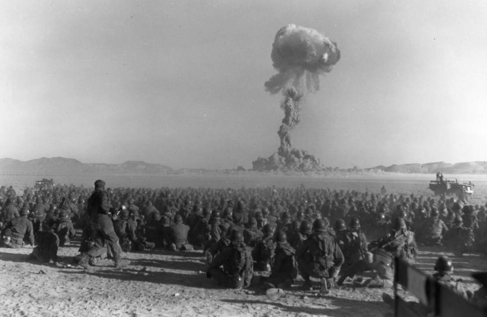 This early photo shows an atomic bomb test at what was then called the Nevada Proving Grounds, ...