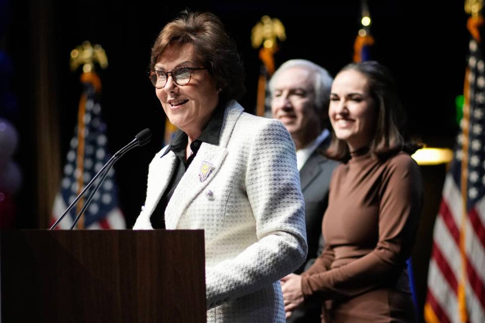 Sen. Jacky Rosen, D-Nev., speaks to supporters during an election watch party Wednesday, Nov. 6 ...