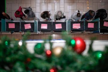 People vote at a shopping mall, Tuesday, Nov. 5, 2024, in Las Vegas. (AP Photo/John Locher)