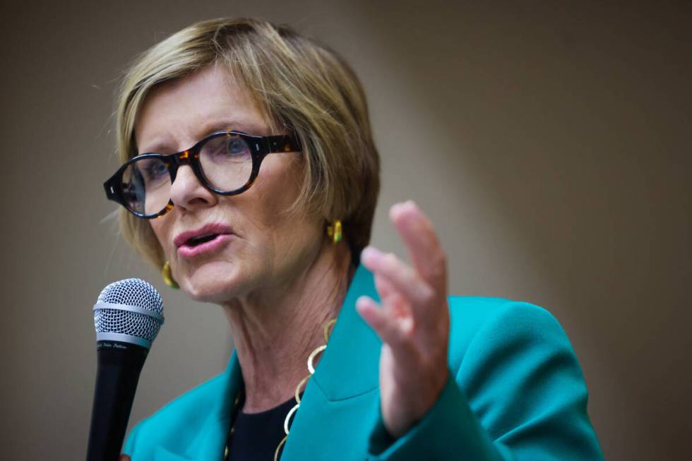 Rep. Susie Lee, D-Nev., speaks to a crowd during a small rally hosted by Lee and End Citizens U ...