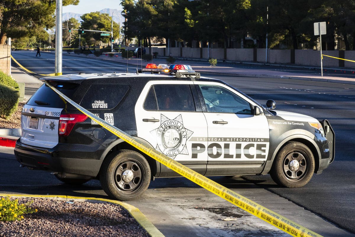 A Las Vegas Metropolitan Police Department vehicle is seen near South Rainbow Boulevard and Spr ...