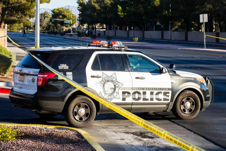 A Las Vegas Metropolitan Police Department vehicle is seen near South Rainbow Boulevard and Spr ...