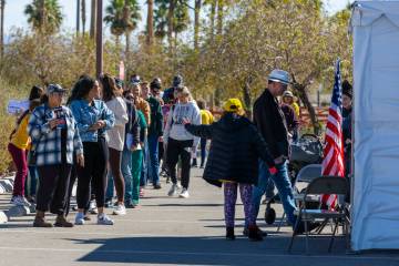 Voters wait in line to cast their ballots on the final day of early voting at the Thunderbird F ...