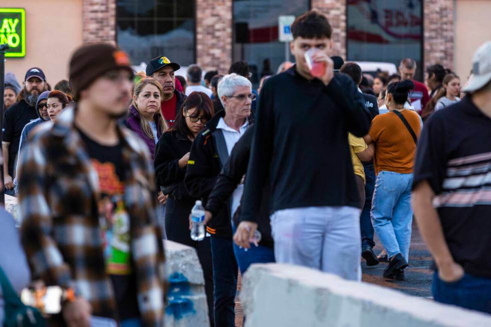 Voters stand in a long, back and forth line to cast their ballots in a polling spot at the Nell ...