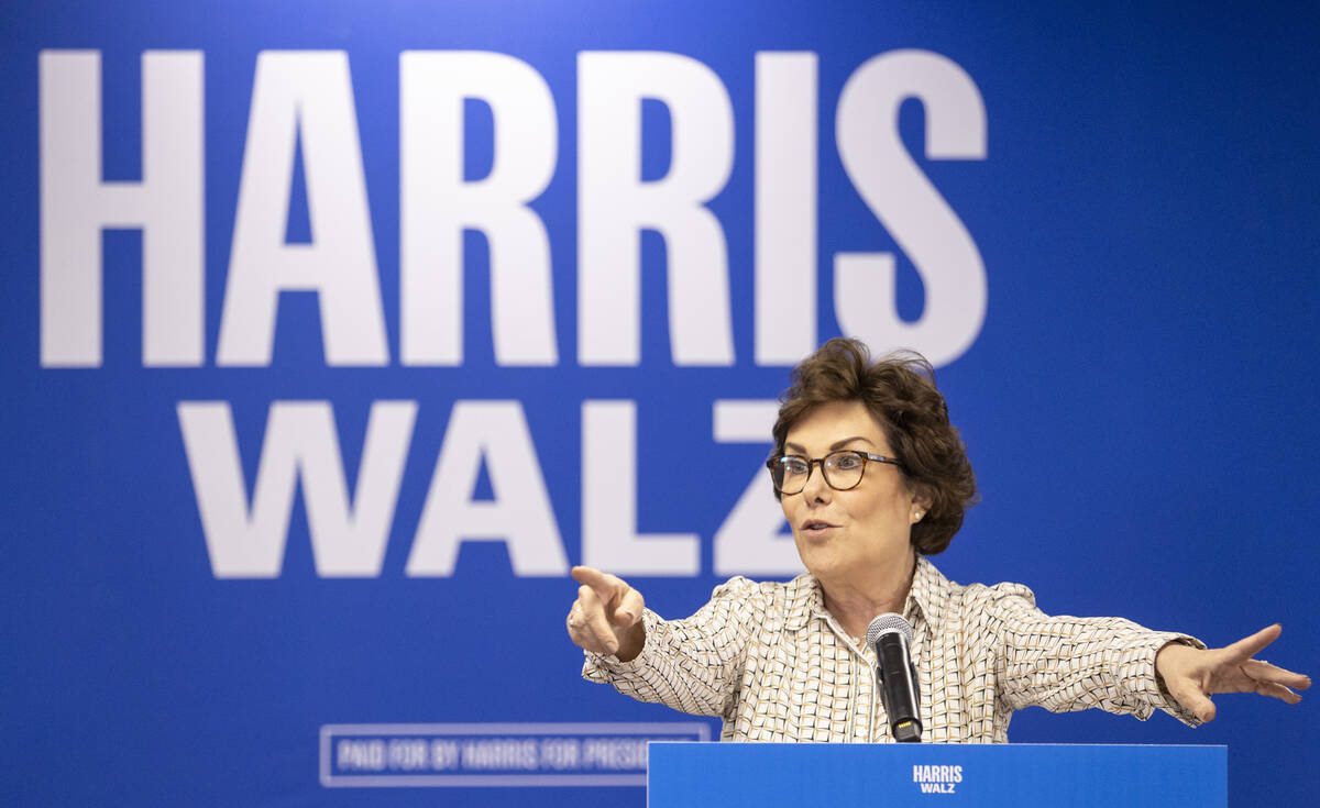 Sen. Jacky Rosen, D-Nev., speaks during a Harris-Walz campaign stop at the Doolittle Community ...