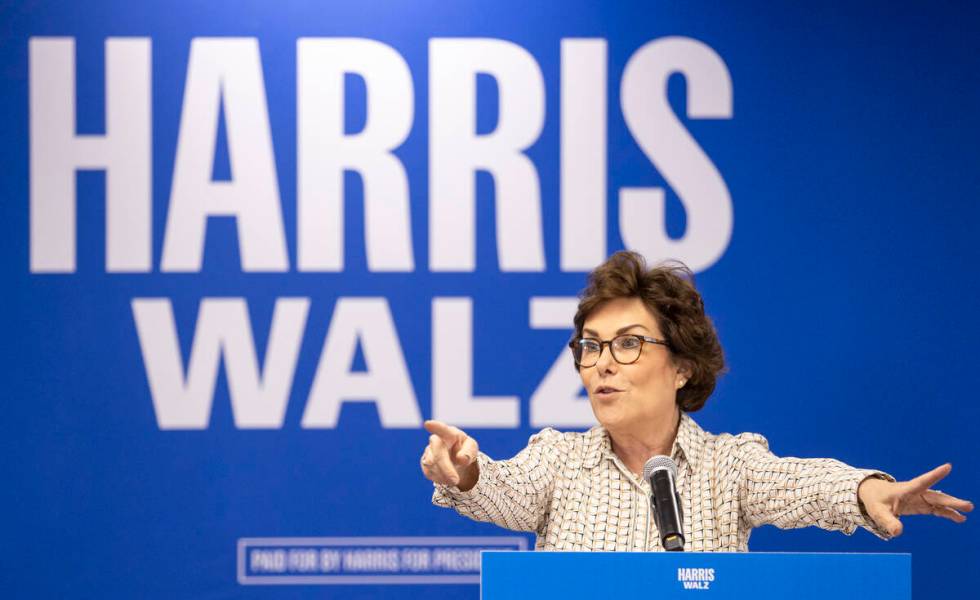 Sen. Jacky Rosen, D-Nev., speaks during a Harris-Walz campaign stop at the Doolittle Community ...