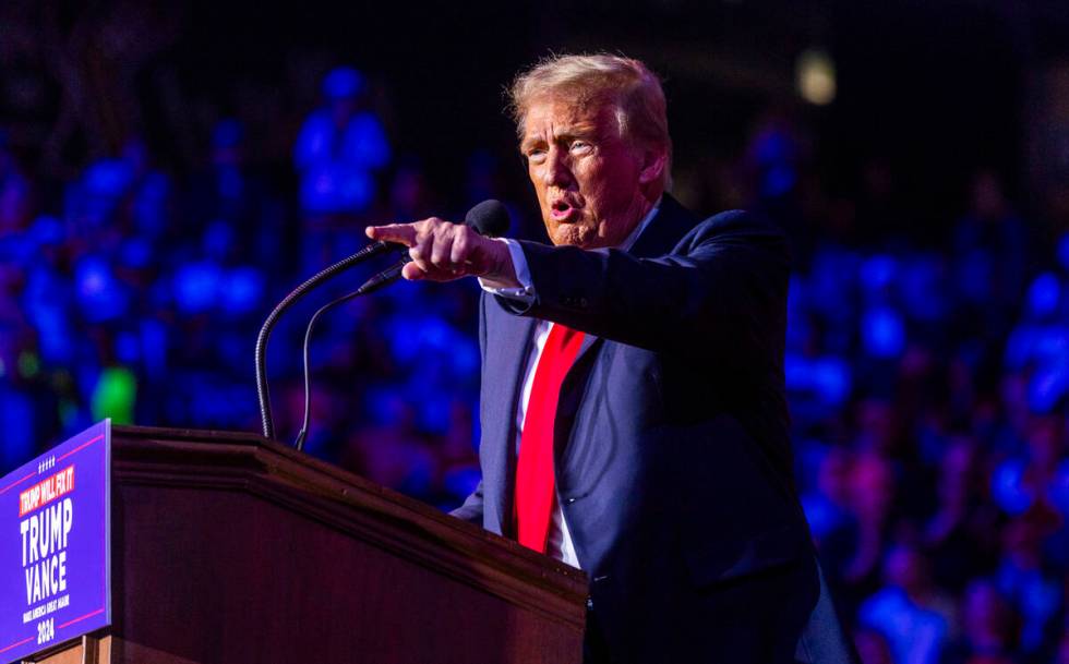 Former President Donald Trump speaks during a rally at the Lee's Family Forum on Thursday, Oct. ...