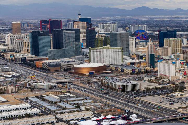 An aerial view of the Las Vegas Strip on Friday, Feb. 9, 2024, in Las Vegas. (L.E. Baskow/Las V ...