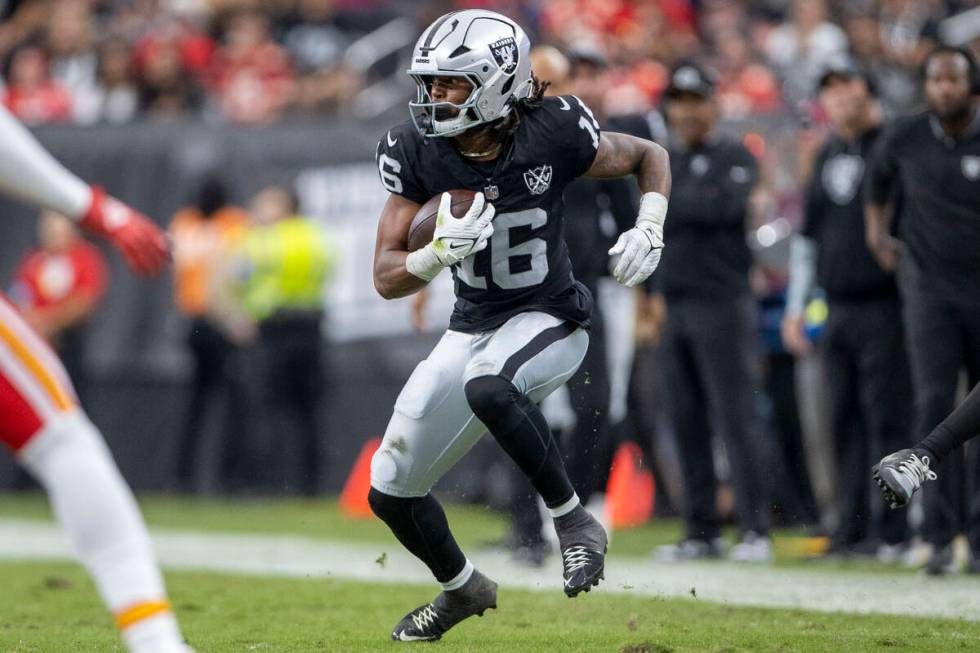 Raiders wide receiver Jakobi Meyers (16) runs after making a catch against the Kansas City Chie ...