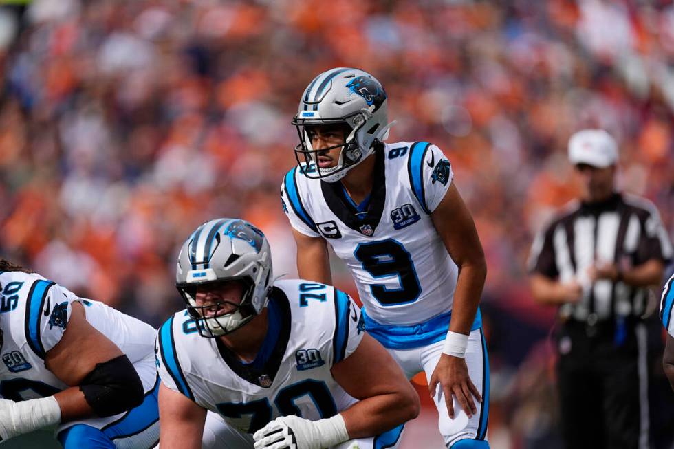 Carolina Panthers guard Brady Christensen (70) prepares to snap the ball to quarterback Bryce Y ...