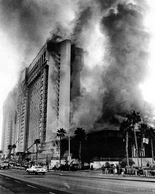 In this Nov. 21, 1980, file photo, fire rages through the MGM Grand Hotel in Las Vegas. (Las Ve ...