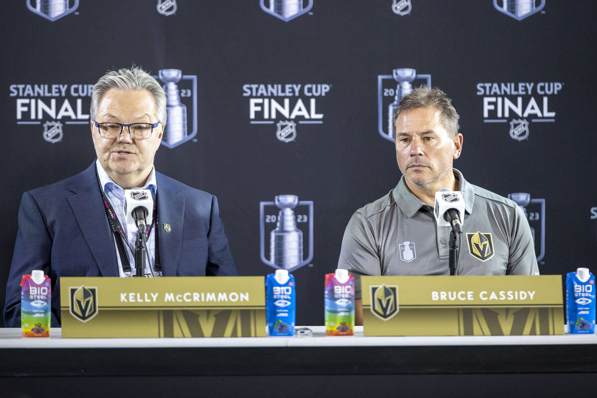 Golden Knights general manager Kelly McCrimmon and head coach Bruce Cassidy attend a news confe ...