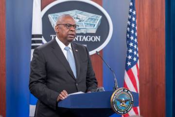 Defense Secretary Lloyd Austin speaks during a joint press briefing with South Korean Defense M ...