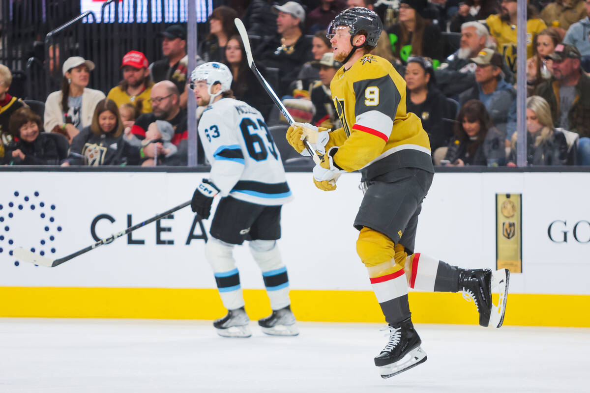 Golden Knights center Jack Eichel (9) leaps as he rushes to the other side of the ice during an ...