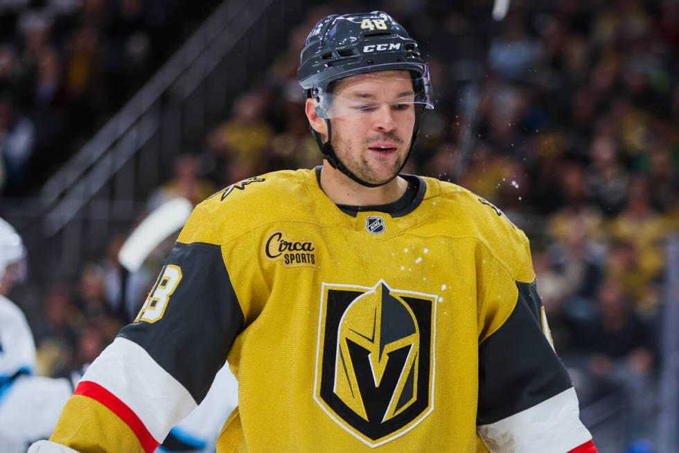 Golden Knights center Tomas Hertl (48) spits during an NHL hockey game between the Golden Knigh ...